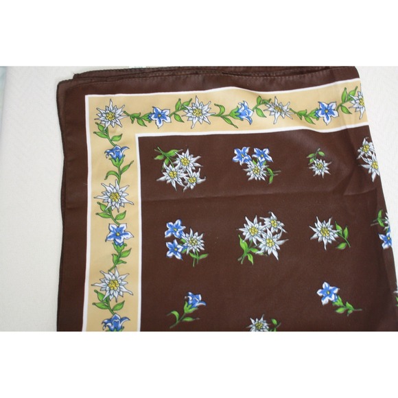 Brown Edelweiss Flower Silk Scarf Made in Italy Square Accent Neck Accessory - Picture 10 of 10